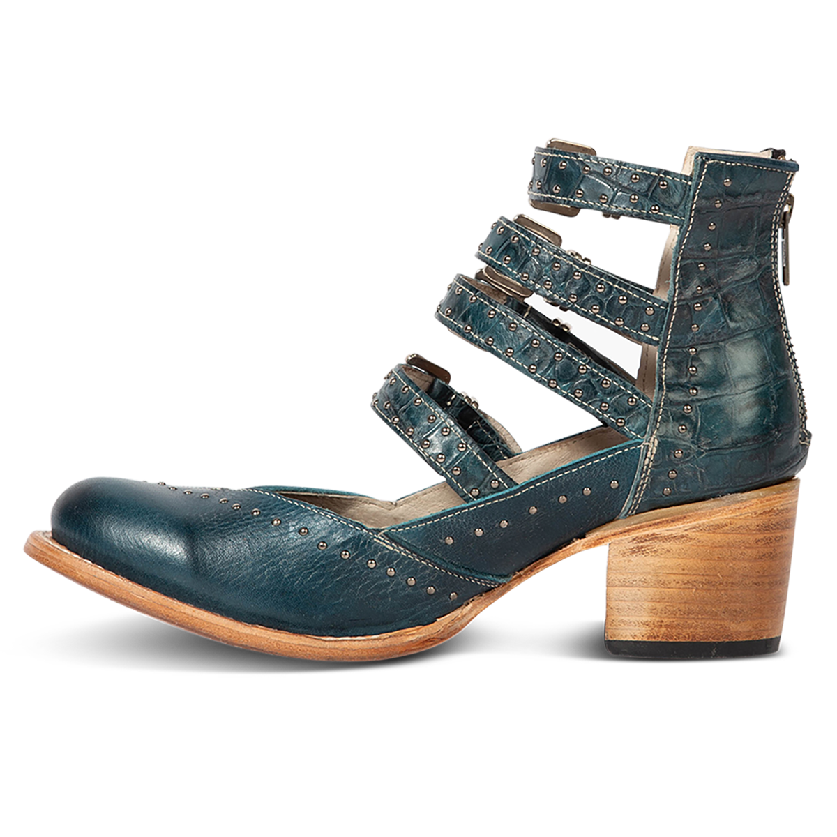 Inside view showing FREEBIRD women's Felicity blue multi open construction adjustable strappy bootie with silver studded detailing and lifted heel