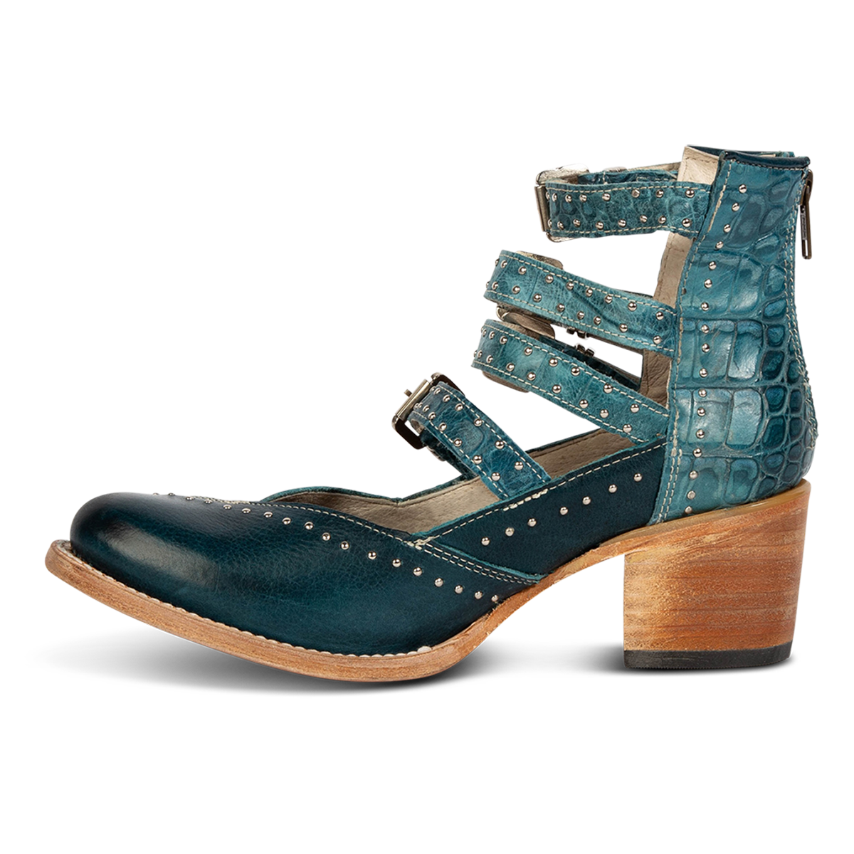 Inside view showing FREEBIRD women's Felicity blue multi open construction adjustable strappy shoe with silver studded detailing and lifted heel