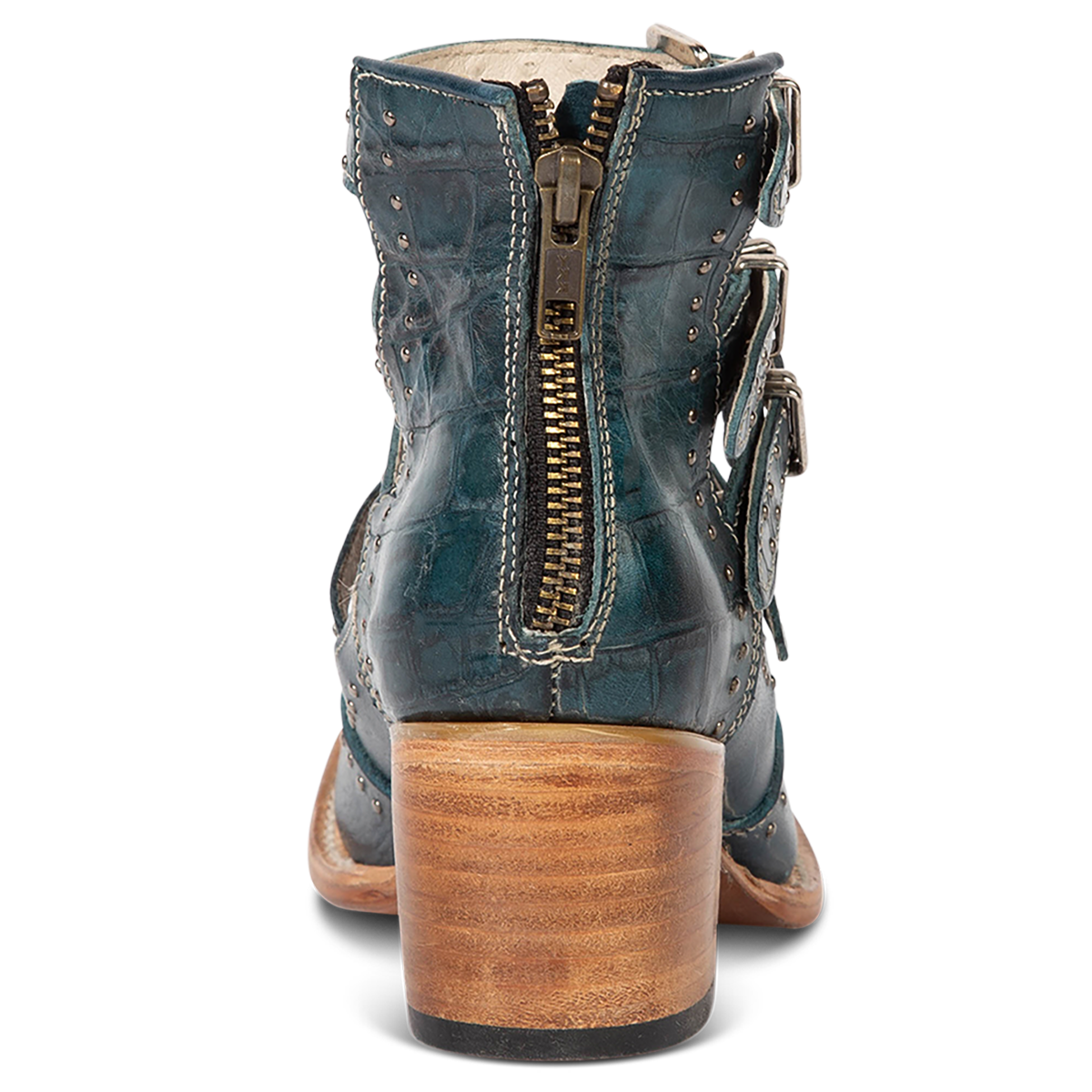 Back view showing FREEBIRD women's Felicity blue multi open construction adjustable strappy bootie with back zip closure and lifted heel