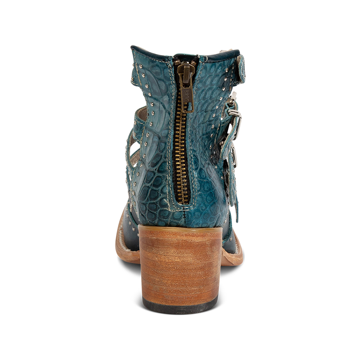 Back view showing FREEBIRD women's Felicity blue multi leather shoe with silver studded detailing and back zip closure