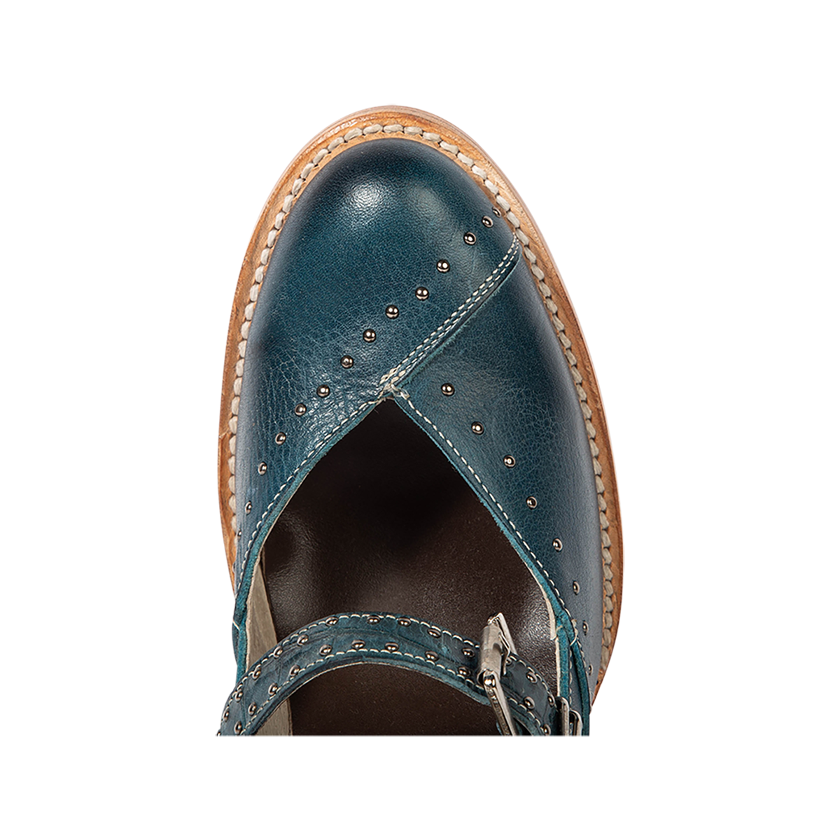 Top view showing FREEBIRD women's Felicity blue multi bootie with stud detailing and adjustable strap
