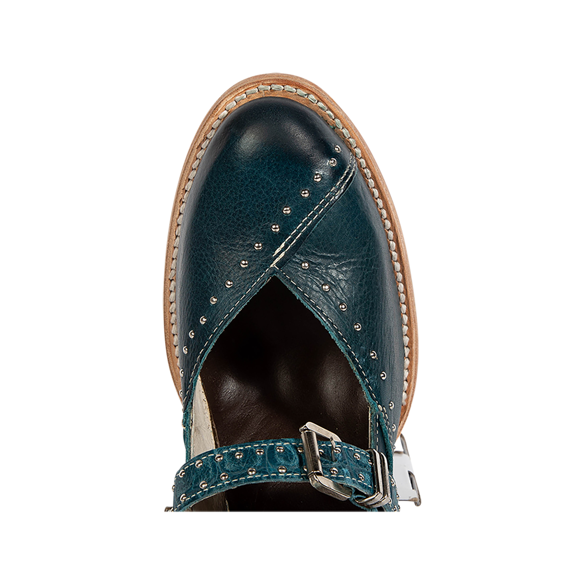 Top view showing a round toe construction on FREEBIRD women's Felicity blue multi leather shoe