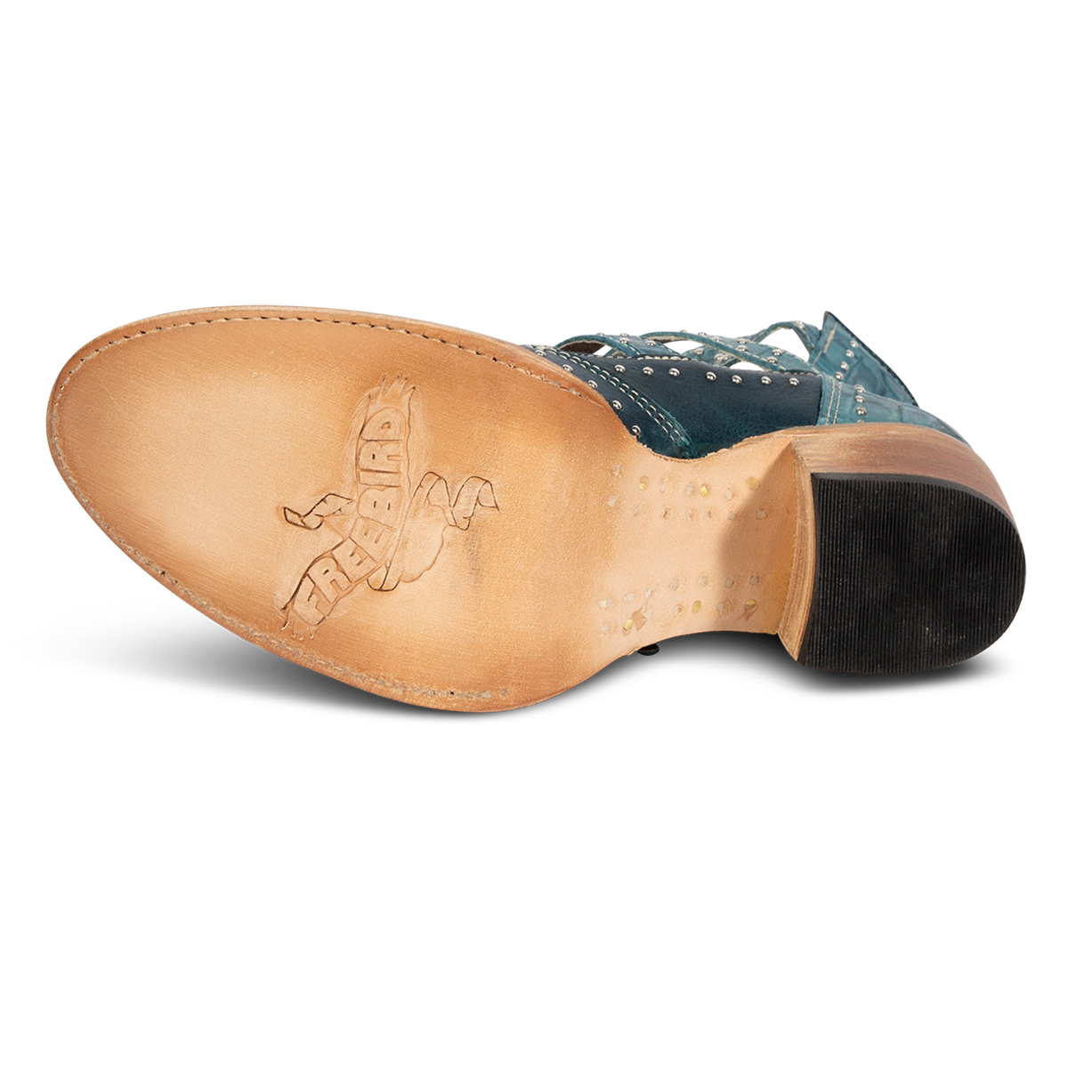 Leather sole imprinted with FREEBIRD on women's Felicity blue multi leather shoe