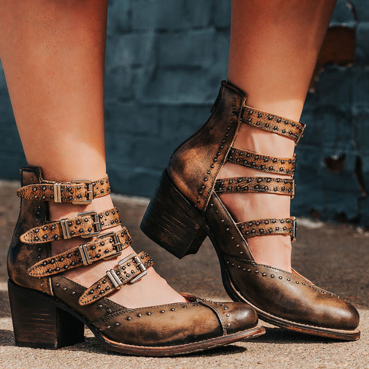 FREEBIRD women's Felicity brown multi open construction adjustable strappy bootie with silver studded detailing and back zip closure