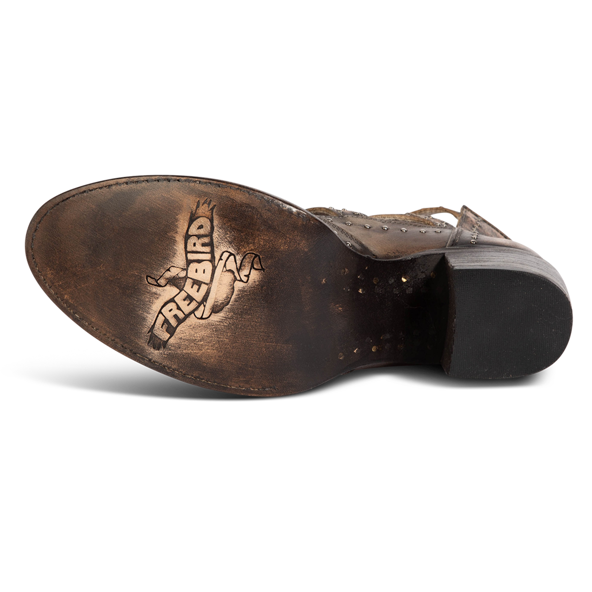 Leather sole imprinted with FREEBIRD on women's Felicity brown multi leather bootie