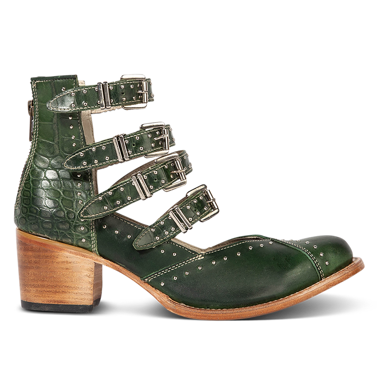 FREEBIRD women's Felicity green multi open construction adjustable strappy bootie with silver studded detailing and back zip closure