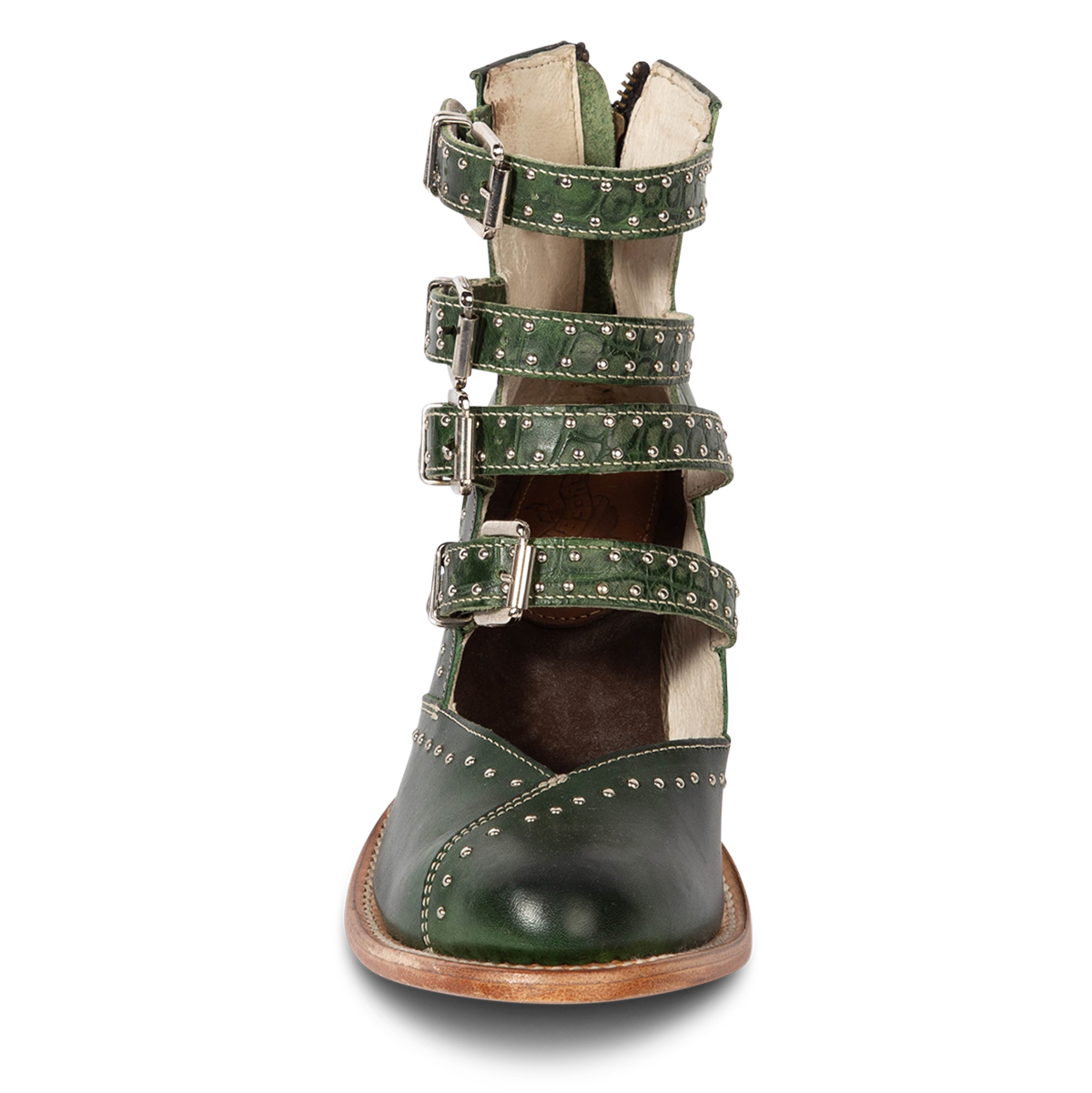 Front view showing FREEBIRD women's Felicity green multi open construction adjustable strappy bootie with silver studded detailing 