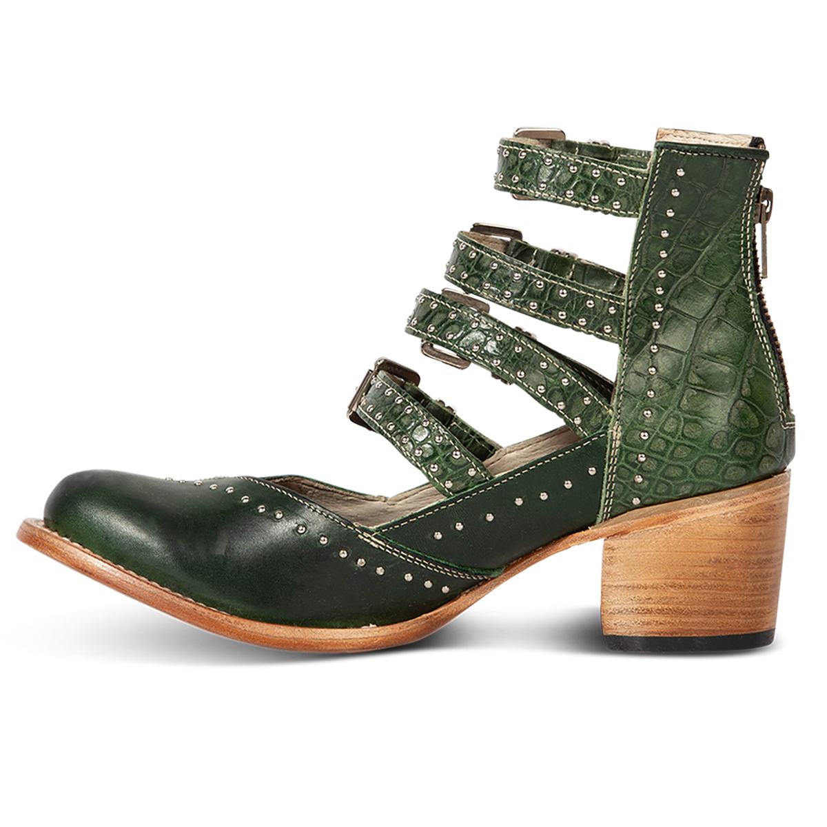 Inside view showing FREEBIRD women's Felicity green multi open construction adjustable strappy bootie with silver studded detailing and lifted heel