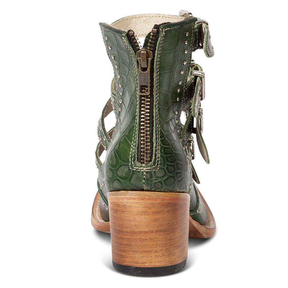Back view showing FREEBIRD women's Felicity green multi open construction adjustable strappy bootie with back zip closure and lifted heel