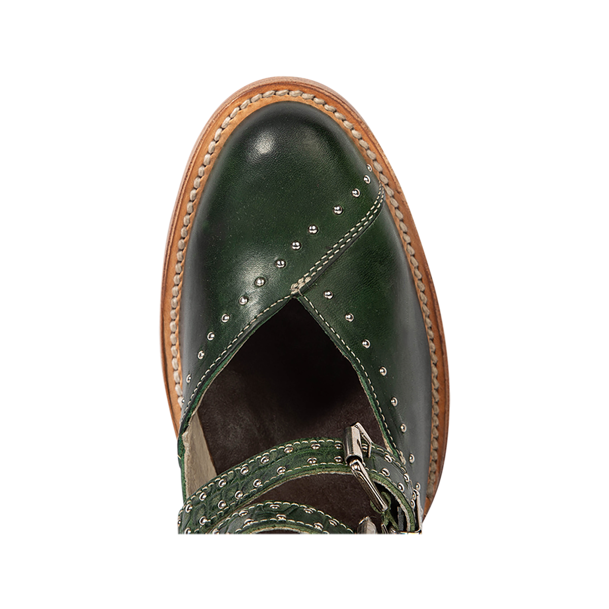 Top view showing FREEBIRD women's Felicity green multi bootie with stud detailing and adjustable strap