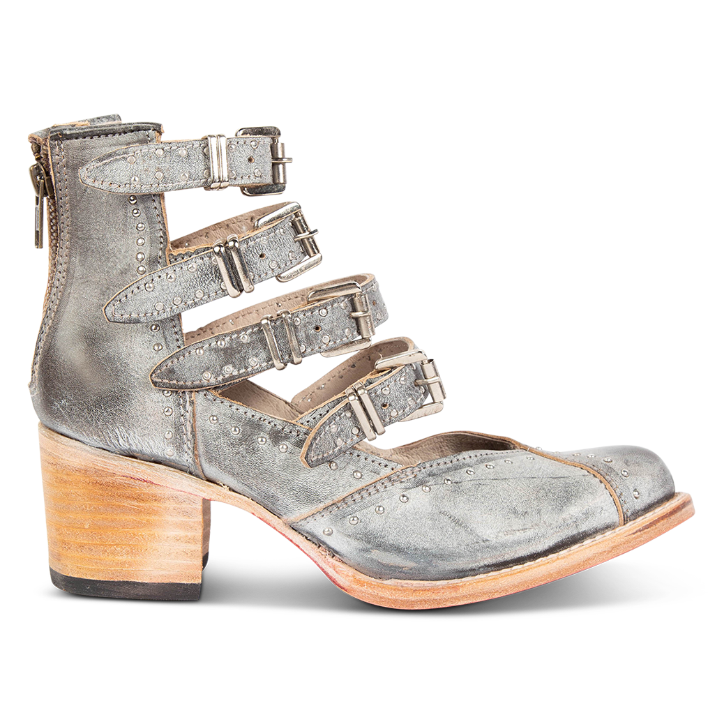 FREEBIRD women's Felicity ice open construction adjustable strappy bootie with silver studded detailing and back zip closure