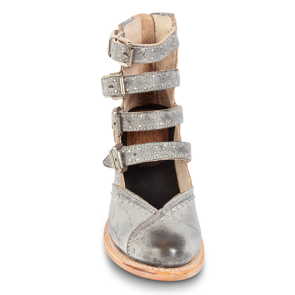 Front view showing adjustable leather straps with silver stud detailing on FREEBIRD women's Felicity ice bootie