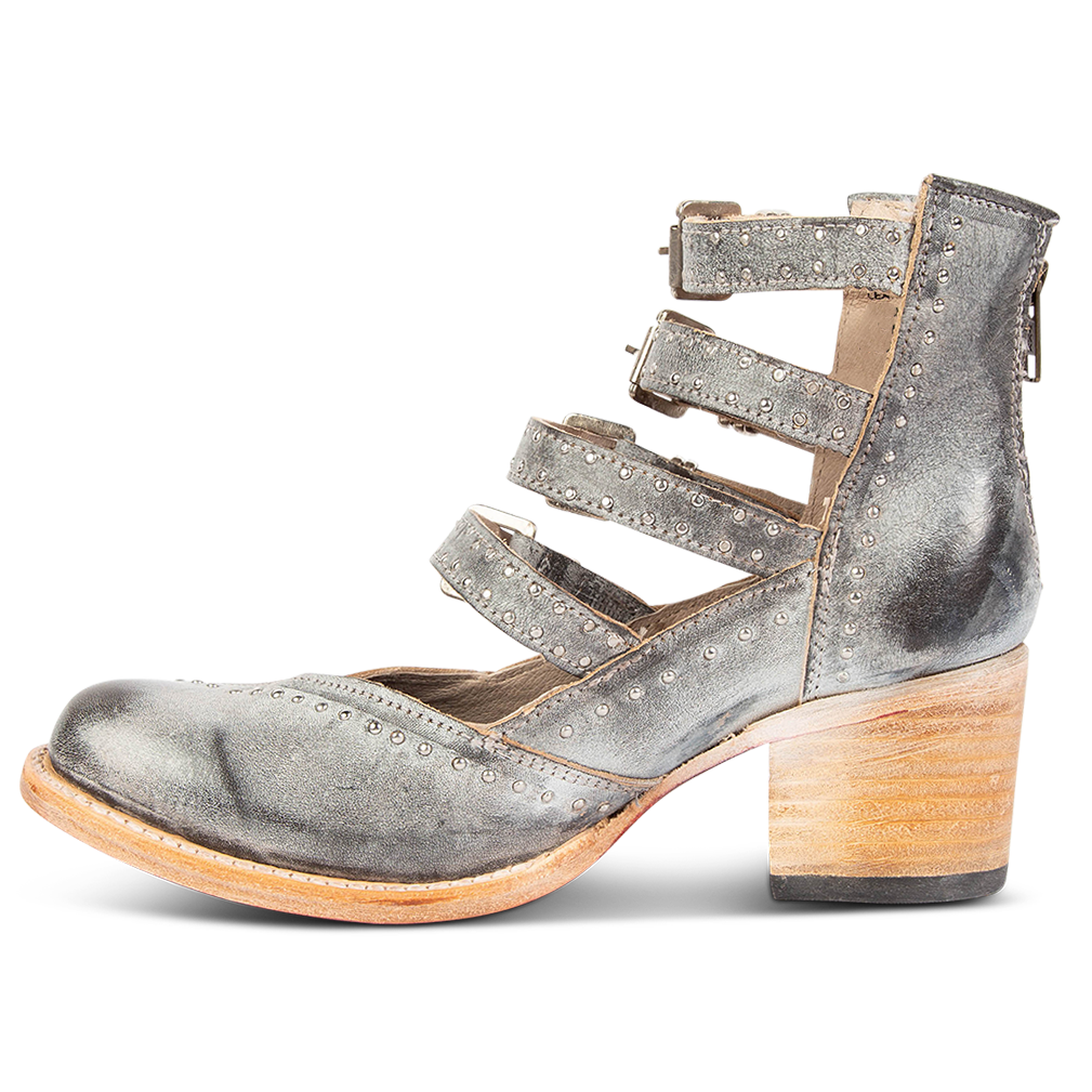 Inside view showing open construction and silver stud detailing on FREEBIRD women's Felicity ice bootie
