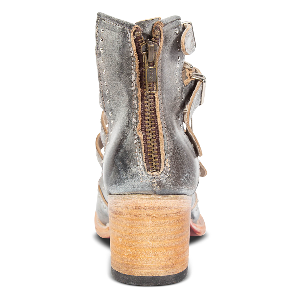 Back view showing brass zip closure on FREEBIRD women's Felicity ice bootie