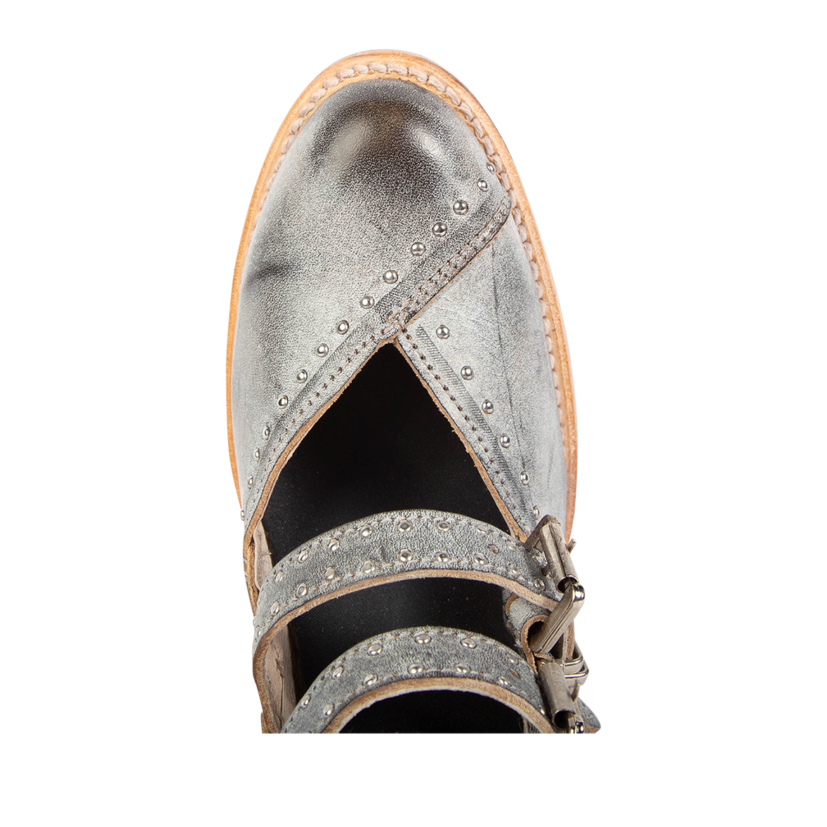 Top view showing almond toe and silver stud detailing on FREEBIRD women's Felicity ice bootie