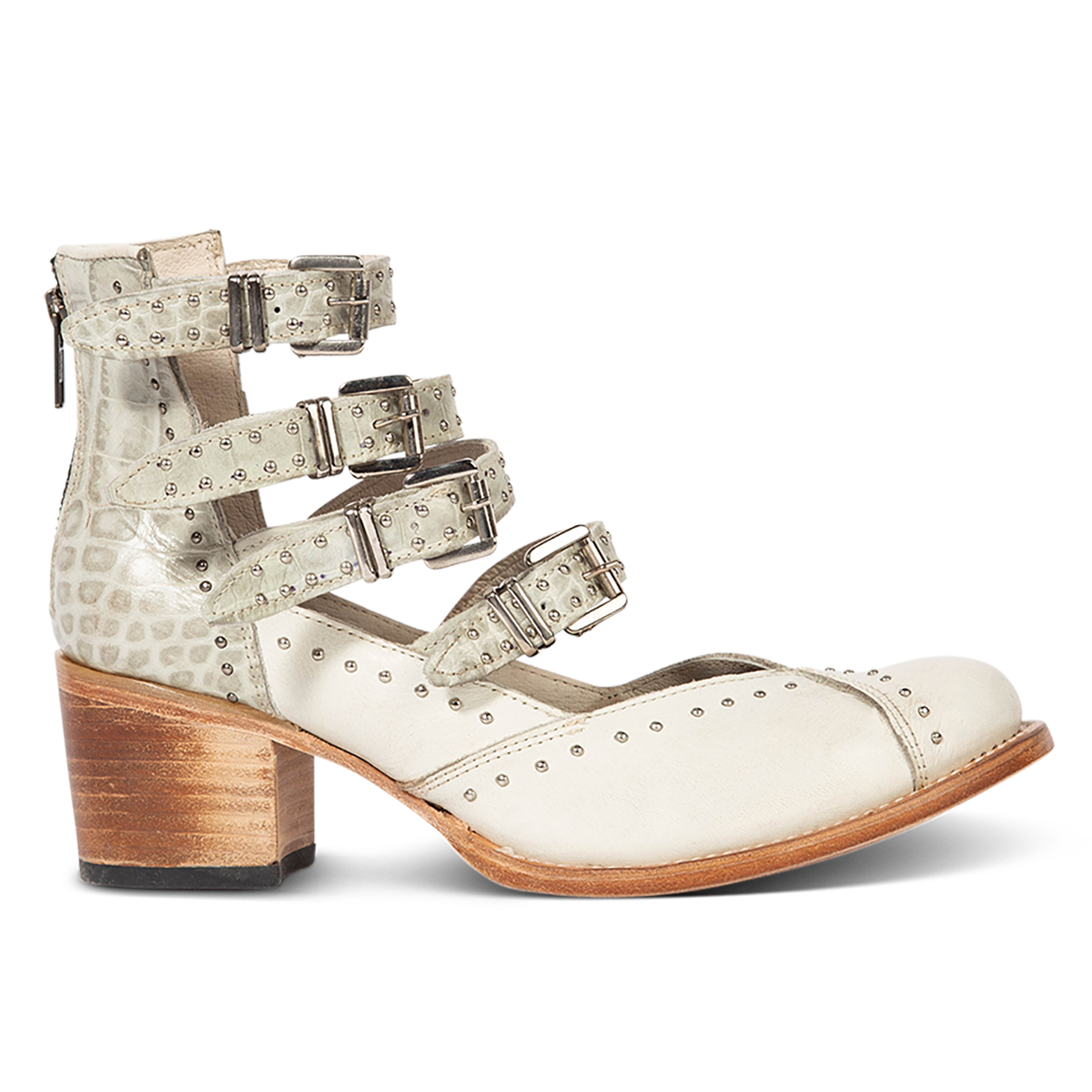 FREEBIRD women's Felicity white multi open construction adjustable strappy bootie with silver studded detailing and back zip closure