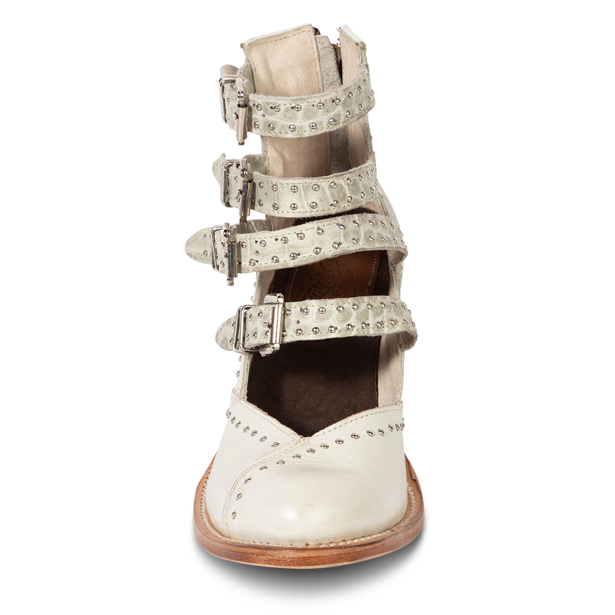 Front view showing FREEBIRD women's Felicity white multi open construction adjustable strappy bootie with silver studded detailing 