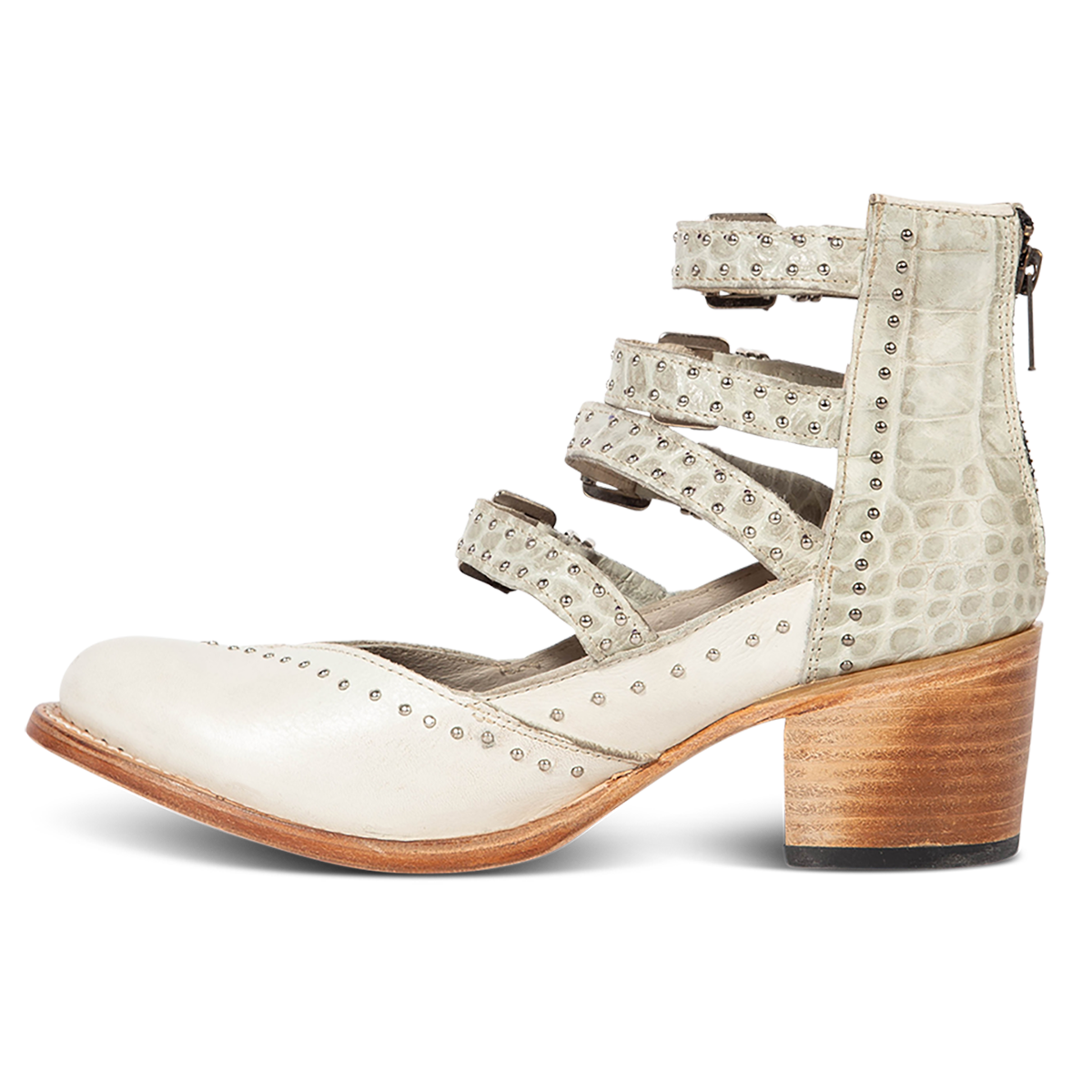 Inside view showing FREEBIRD women's Felicity white multi open construction adjustable strappy bootie with silver studded detailing and lifted heel