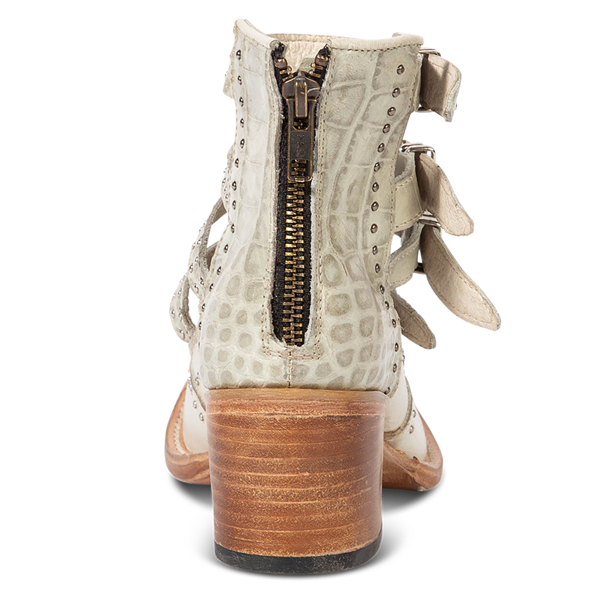 Back view showing FREEBIRD women's Felicity white multi open construction adjustable strappy bootie with back zip closure and lifted heel
