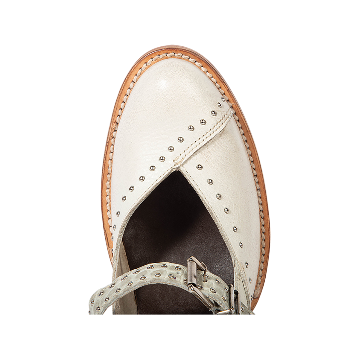 Top view showing FREEBIRD women's Felicity white multi bootie with stud detailing and adjustable strap