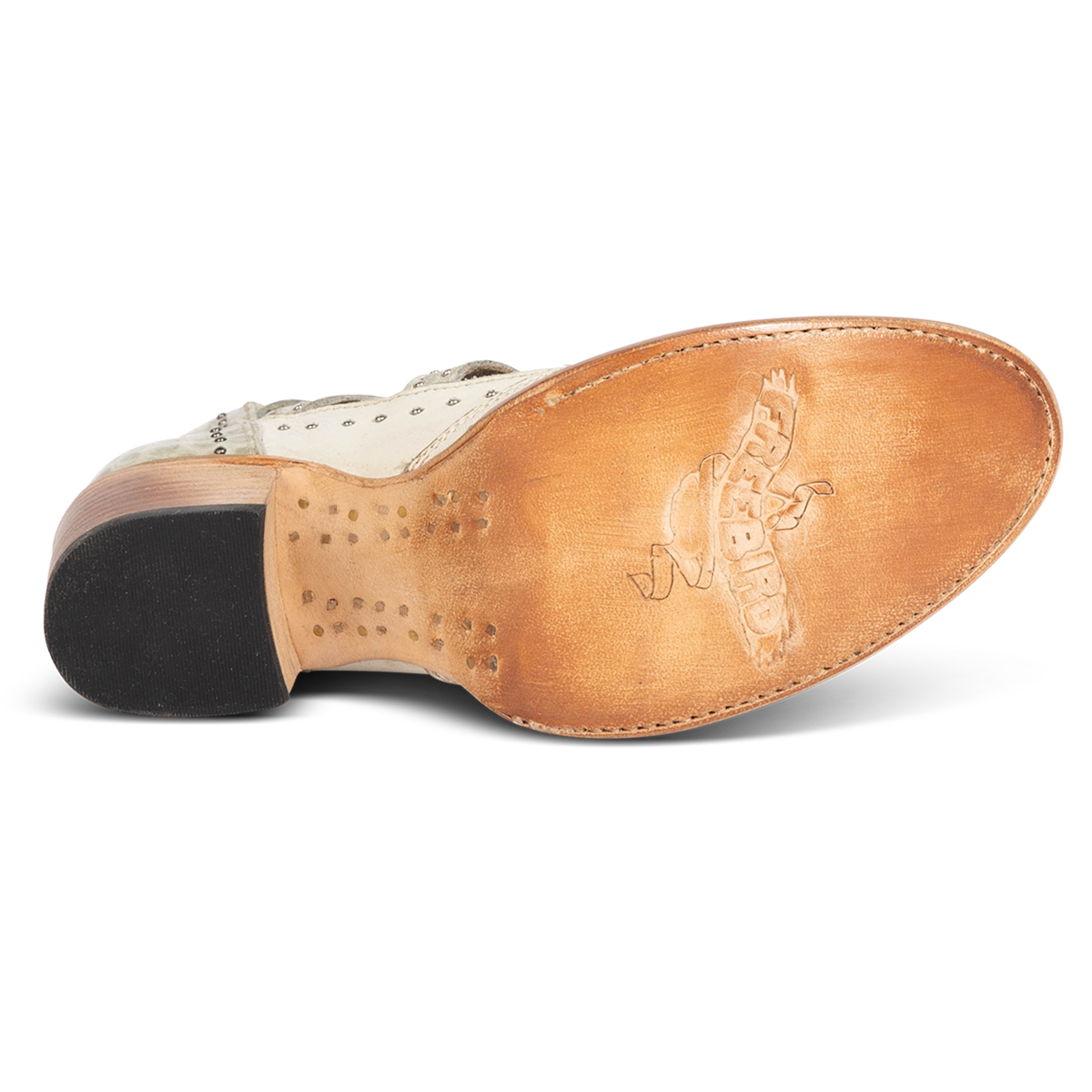 Leather sole imprinted with FREEBIRD on women's Felicity white multi leather bootie