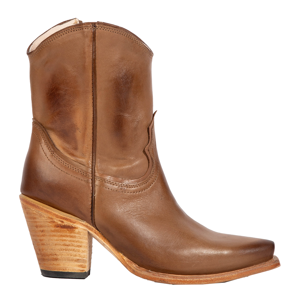 FREEBIRD women's Firebird beige premium leather bootie with an inverted lifted heel and inside working zipper 