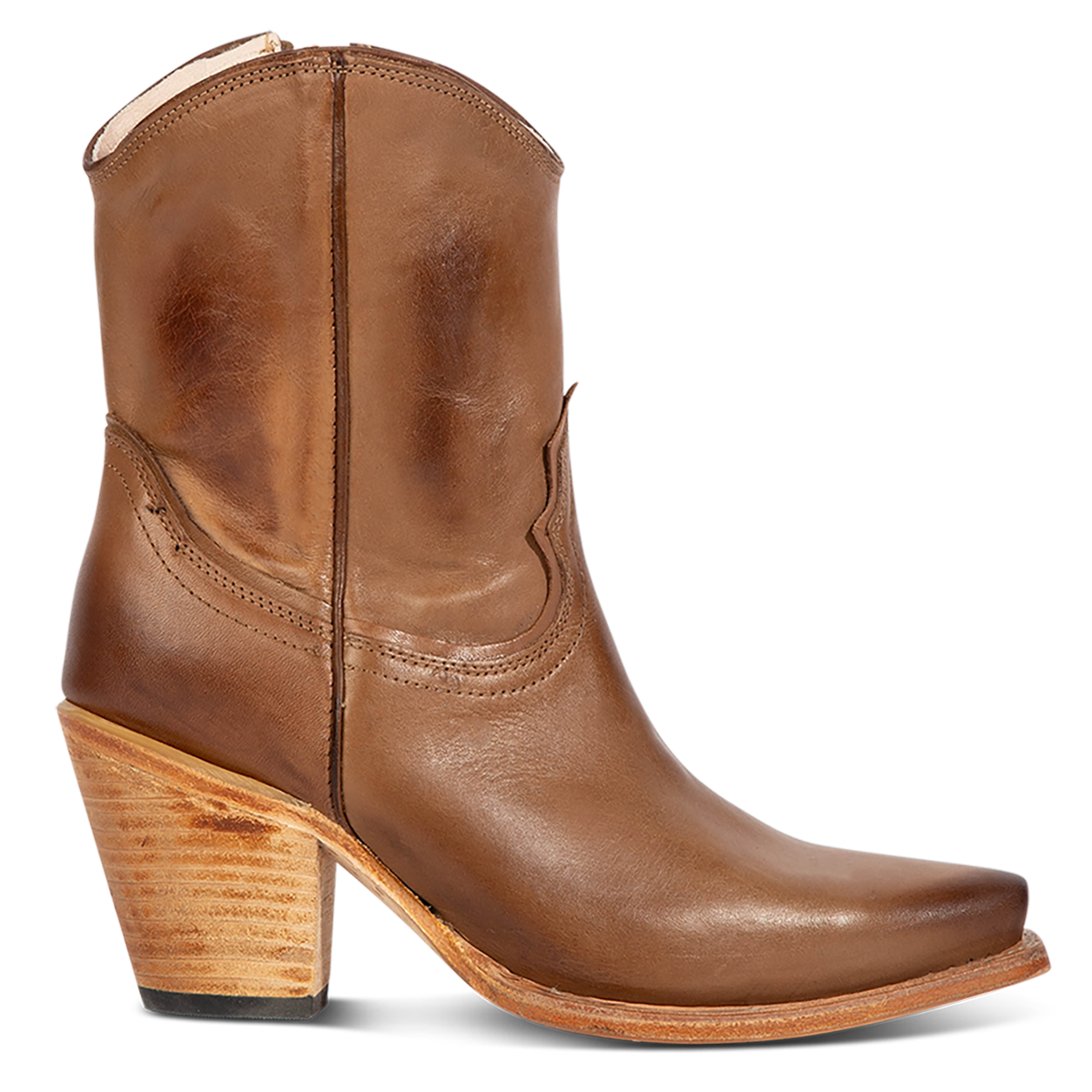 FREEBIRD women's Firebird beige premium leather bootie with an inverted lifted heel and inside working zipper