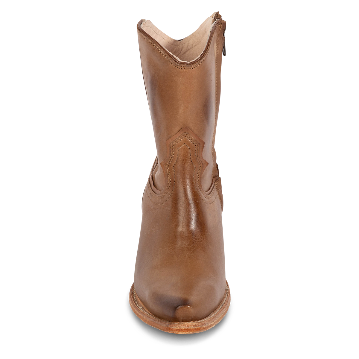 Front view showing FREEBIRD women's Firebird beige premium leather bootie with front shaft stitching