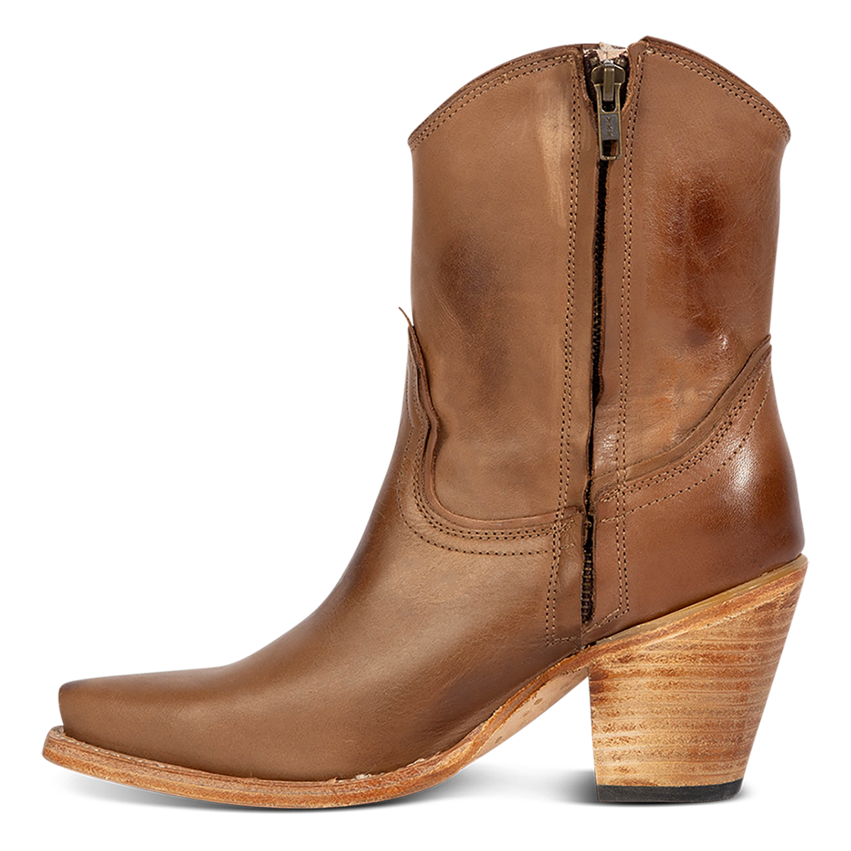 Inside view showing FREEBIRD women's Firebird beige premium leather bootie with an inverted lifted heel and inside working zipper