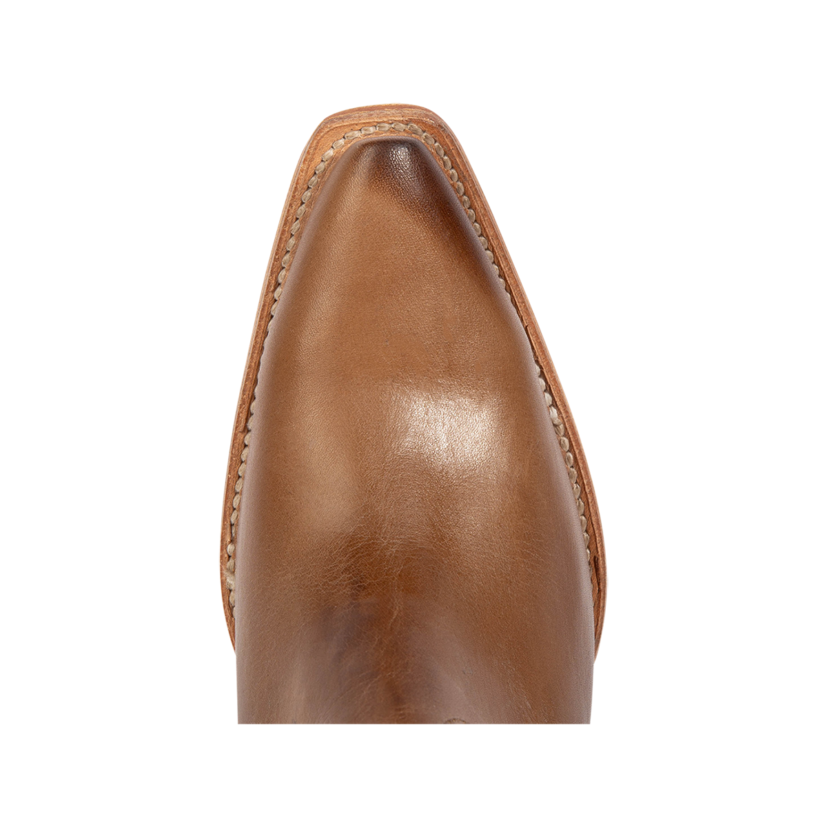 Top view showing snip toe construction on FREEBIRD women's Firebird beige premium leather bootie