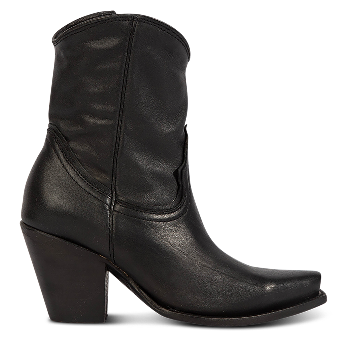 FREEBIRD women's Firebird black premium leather bootie with an inverted lifted heel and inside working zipper