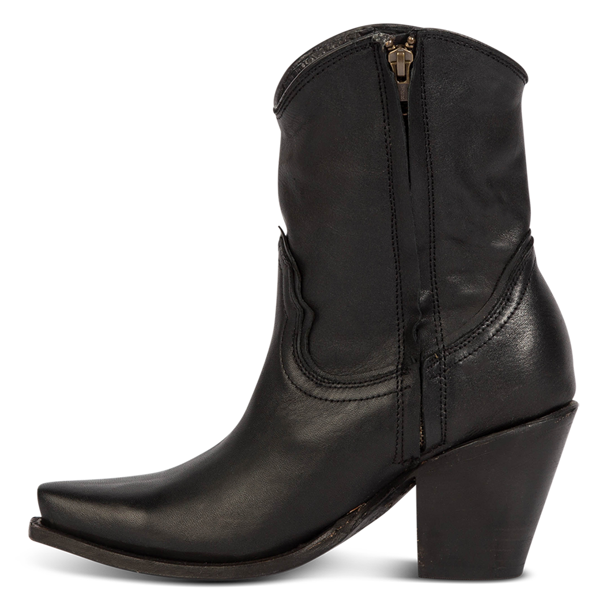 Inside view showing FREEBIRD women's Firebird black premium leather bootie with an inverted lifted heel and inside working zipper