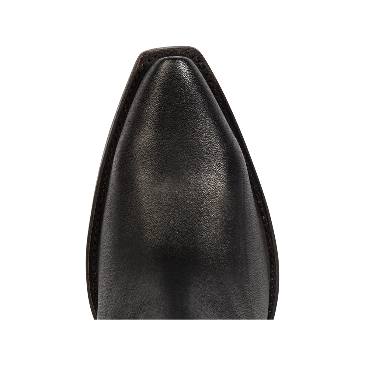 Top view showing snip toe construction on FREEBIRD women's Firebird black premium leather bootie