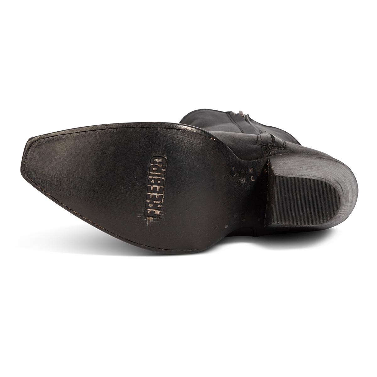 Leather sole imprinted with FREEBIRD on women's Firebird black premium leather bootie
