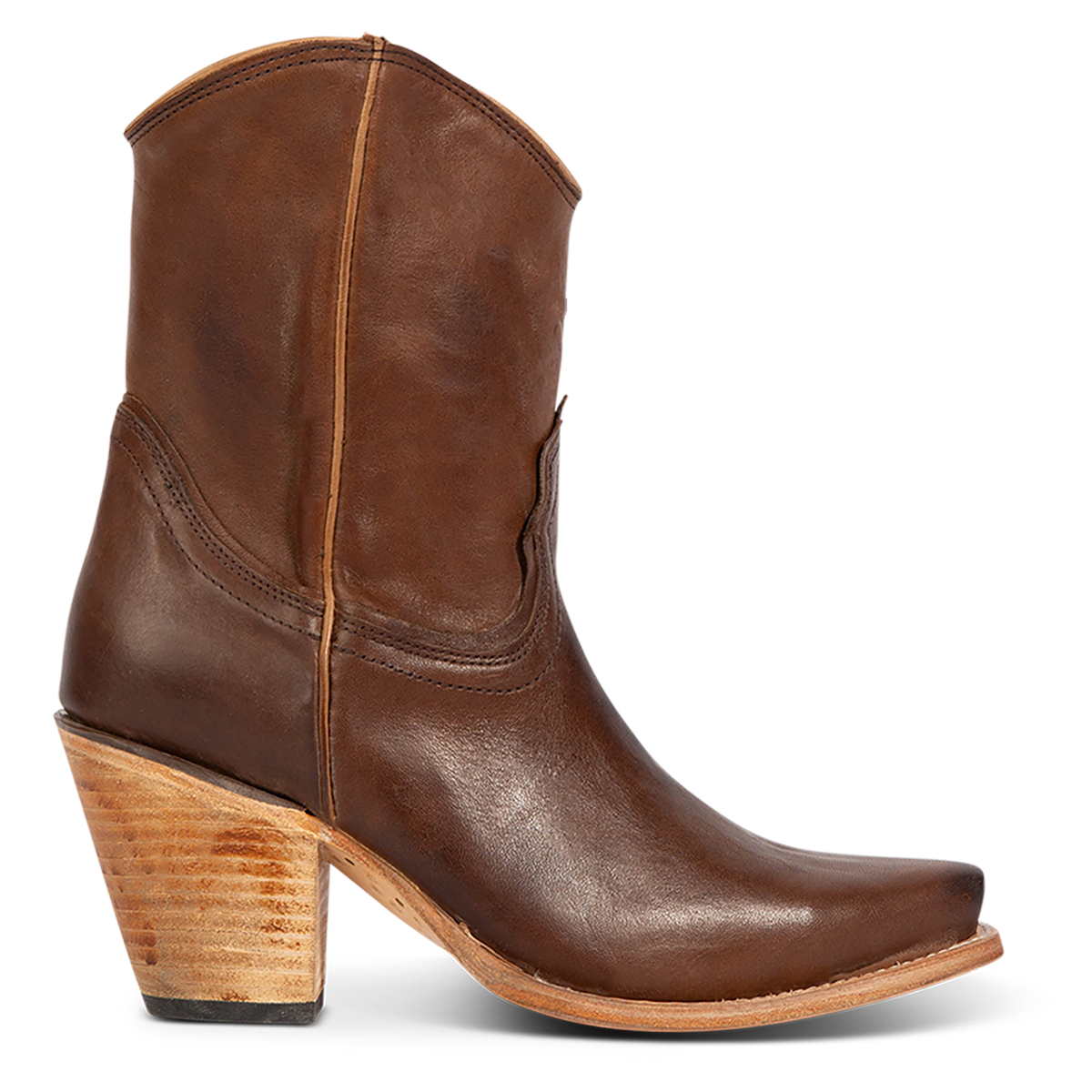 FREEBIRD women's Firebird brown premium leather bootie with an inverted lifted heel and inside working zipper