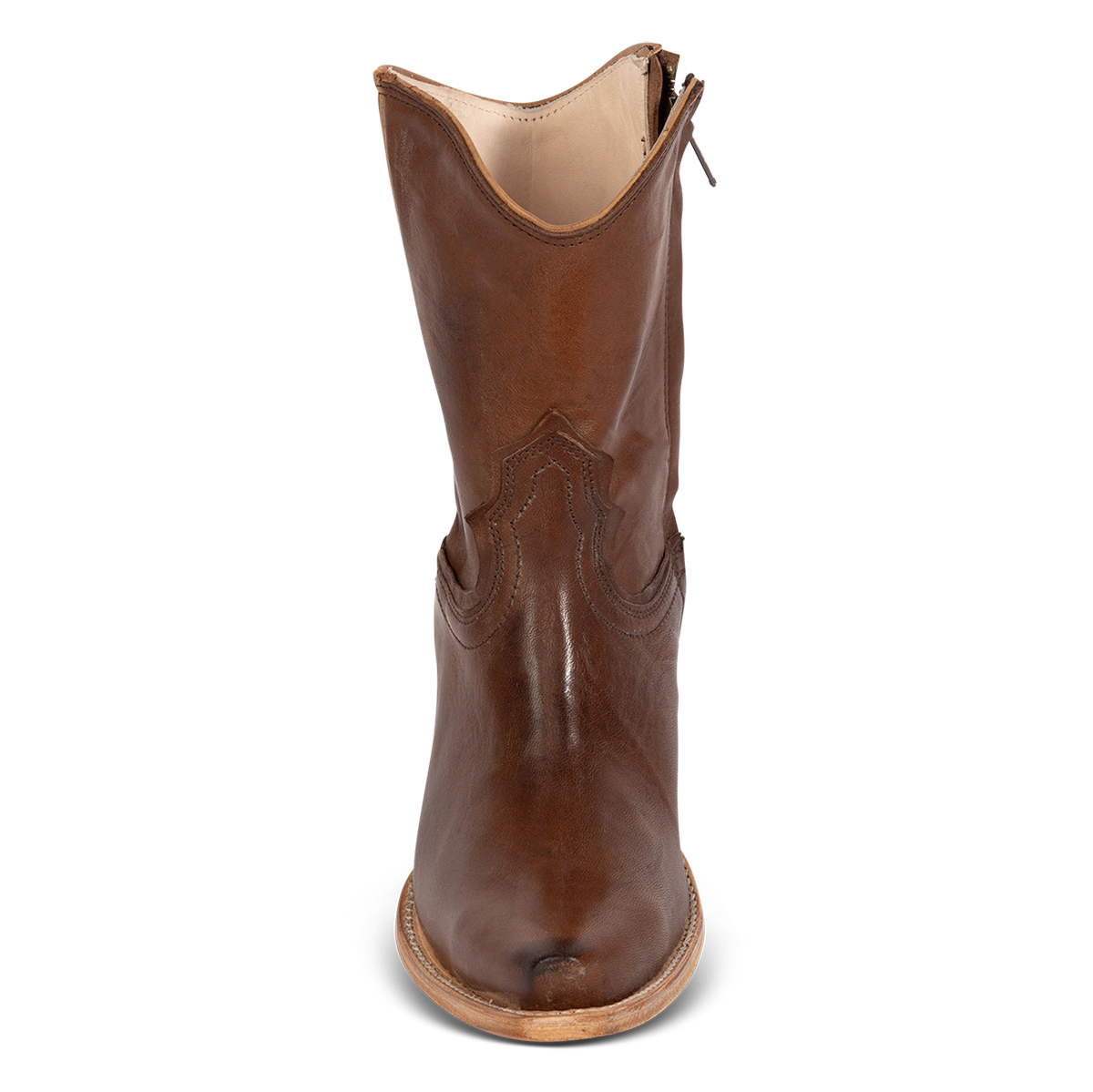 Front view showing FREEBIRD women's Firebird brown premium leather bootie with front shaft stitching