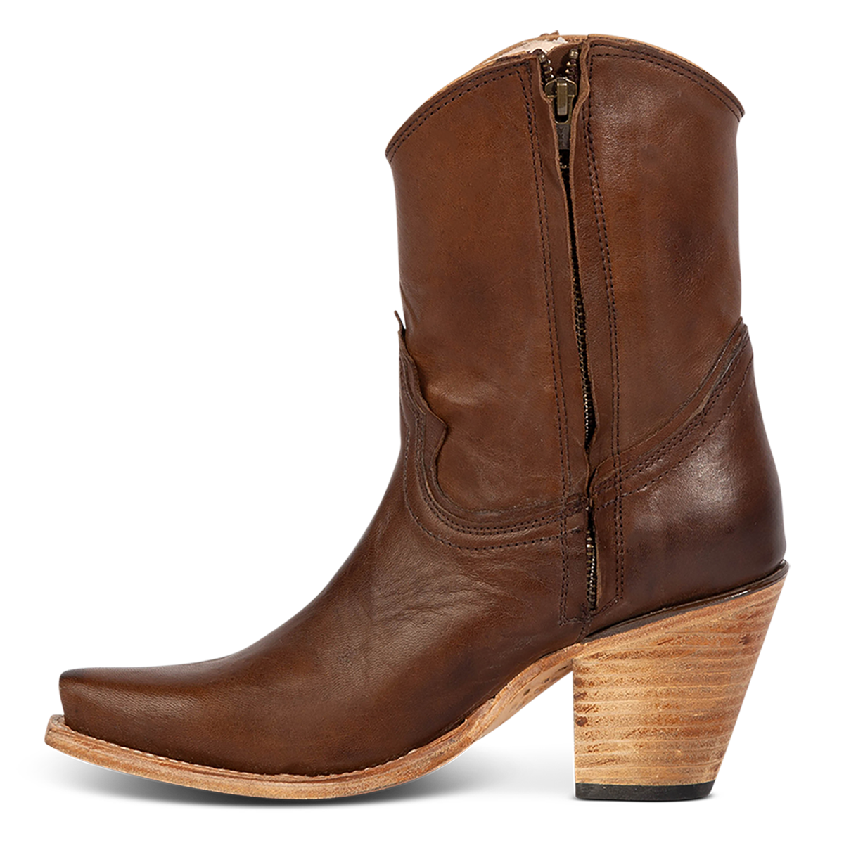 Inside view showing FREEBIRD women's Firebird brown premium leather bootie with an inverted lifted heel and inside working zipper