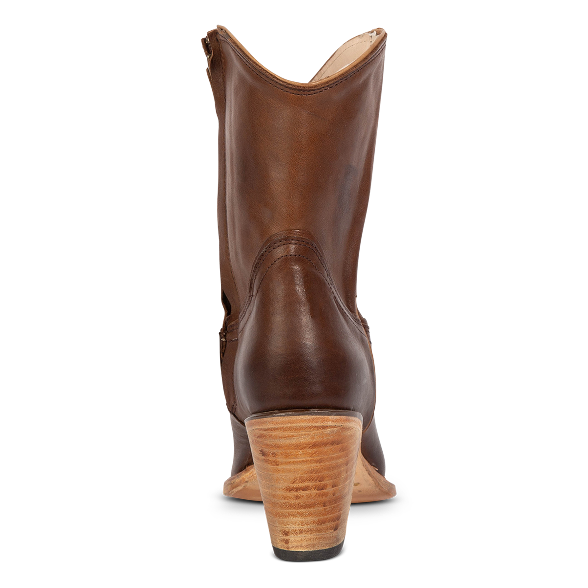 Back view showing an inverted lifted heel on FREEBIRD women's Firebird brown premium leather bootie 