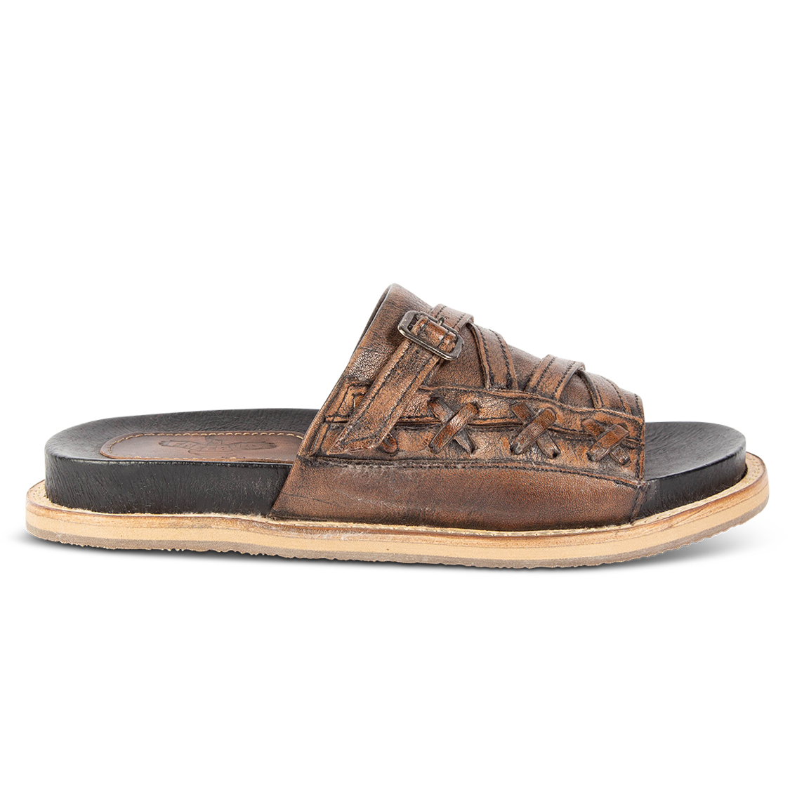 FREEBIRD women's Fleetwood black flat slip-on sandal featuring leather stitch detailing with metal buckle