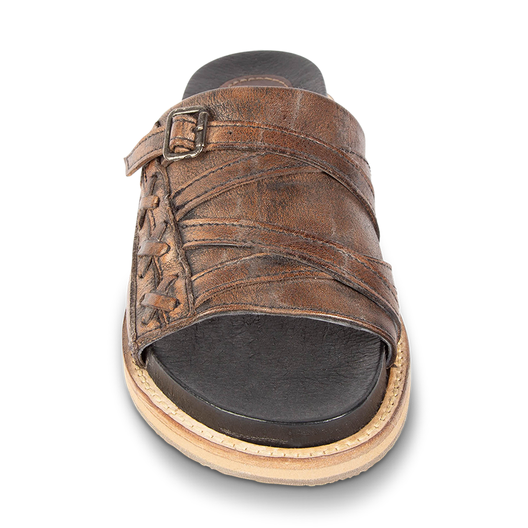 Front view showing FREEBIRD foot strap on women's Fleetwood black flat slip-on sandal