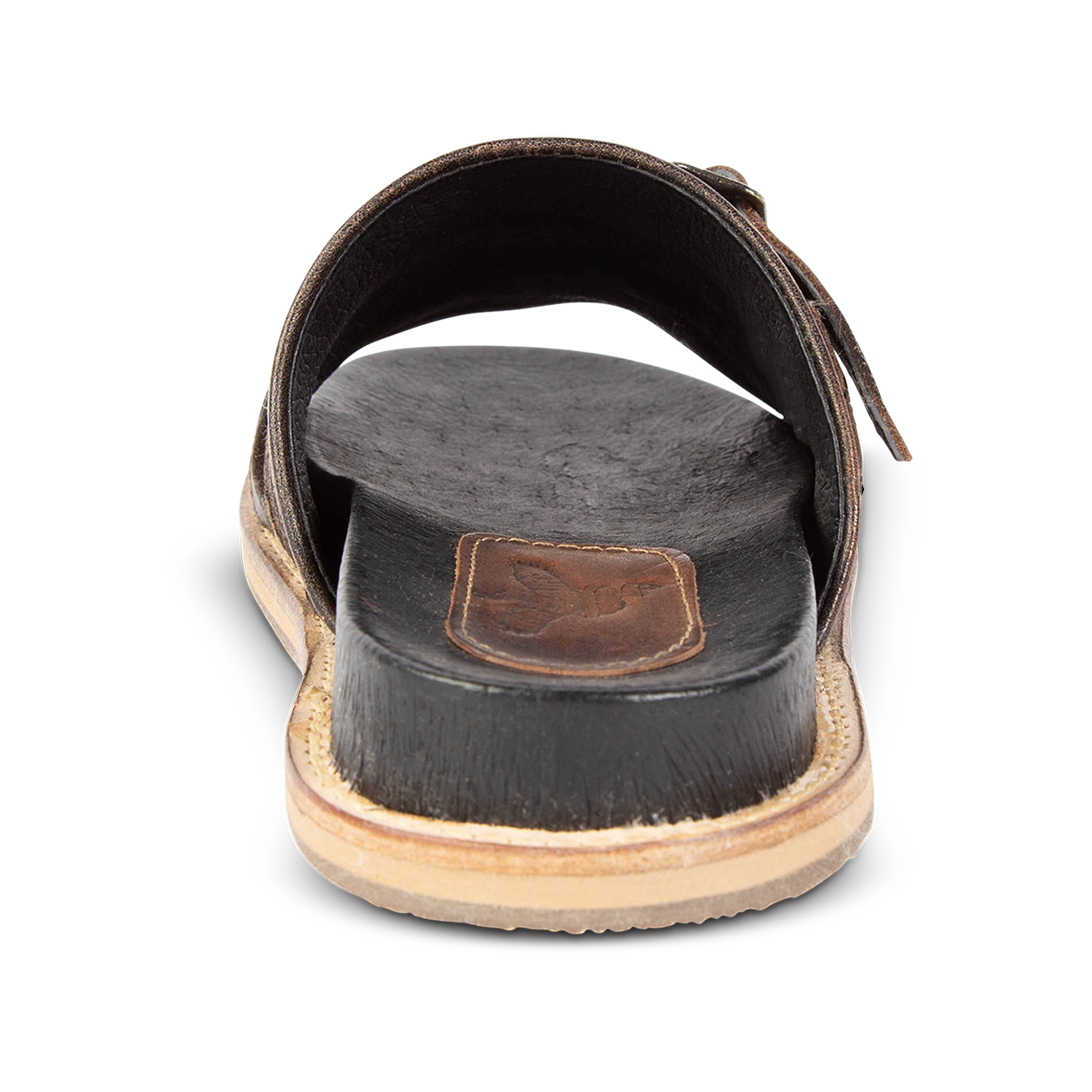 Back view showing FREEBIRD heel on women's Fleetwood black flat slip-on sandal