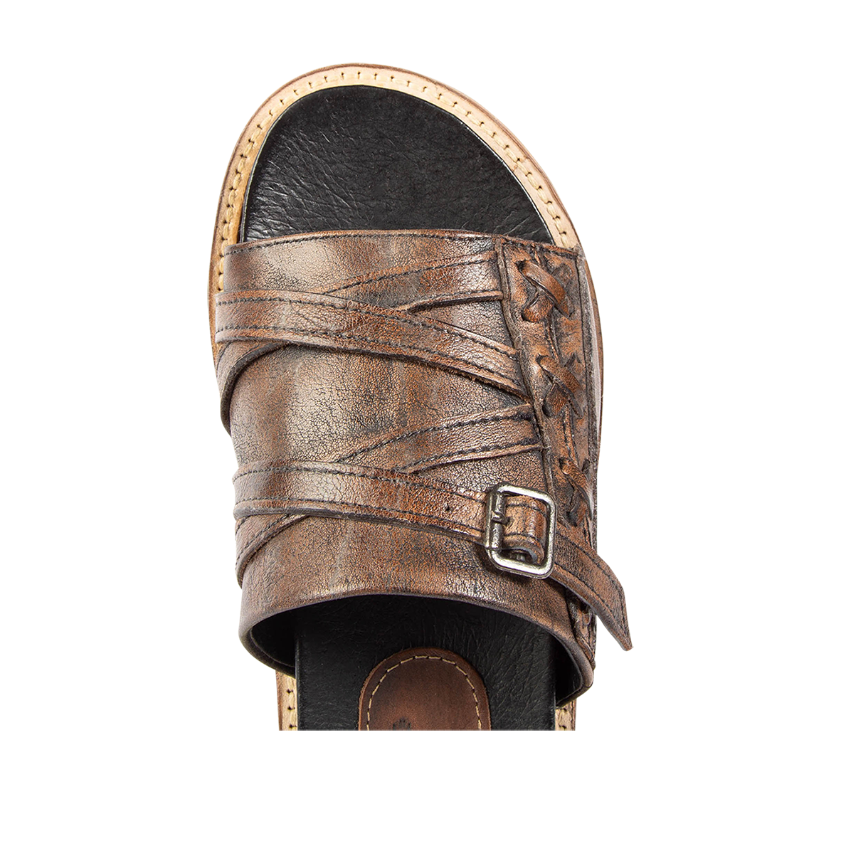 Top view showing round toe on FREEBIRD Fleetwood black flat slip-on sandal