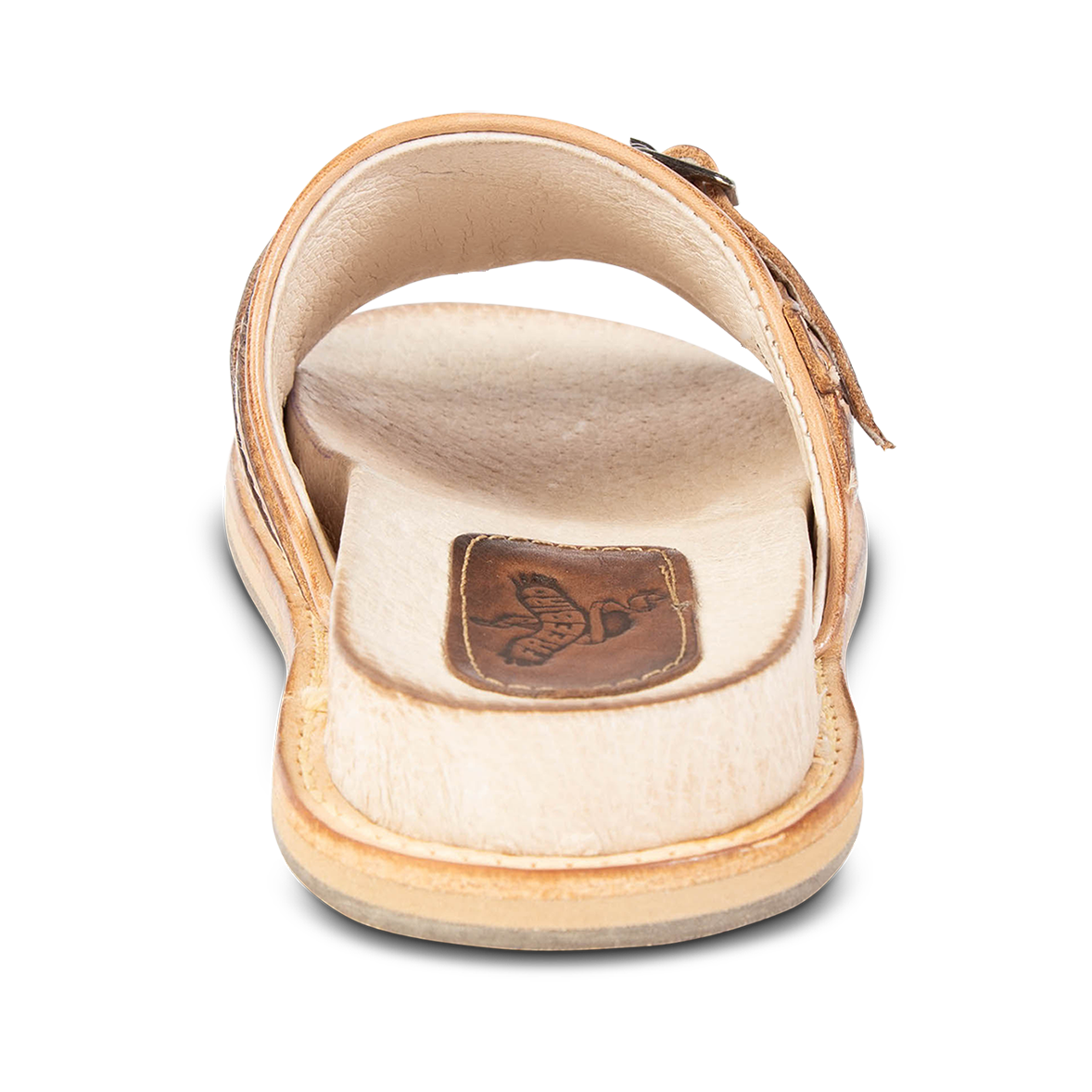 Back view showing FREEBIRD heel on women's Fleetwood camel flat slip-on sandal