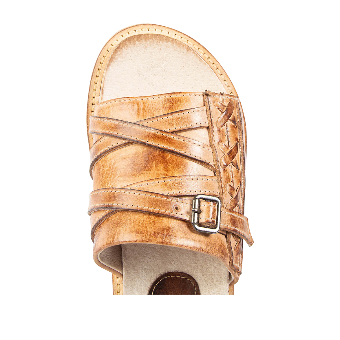 Top view showing round toe on FREEBIRD Fleetwood camel flat slip-on sandal