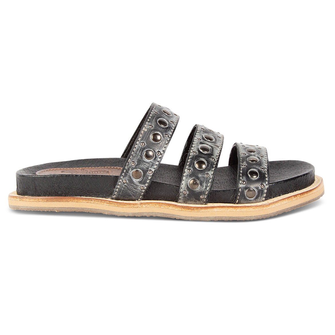 FREEBIRD women's Florence black slip-on flat shoe featuring 3 straps with metal studs