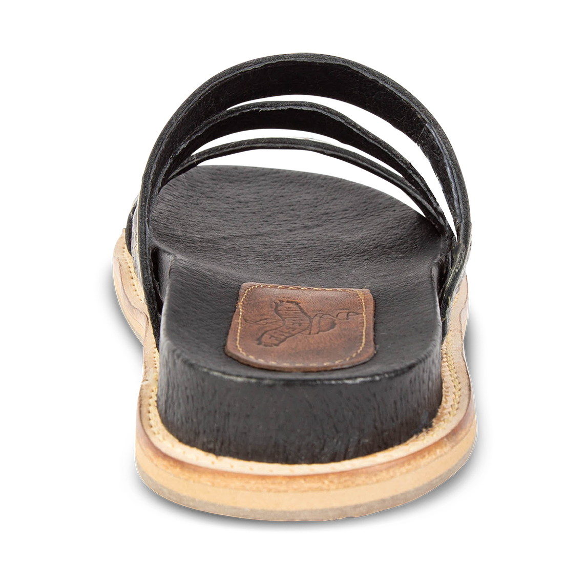 Back view showing flat heel on FREEBIRD women's Florence black slip-on flat shoe featuring metal stud detailing