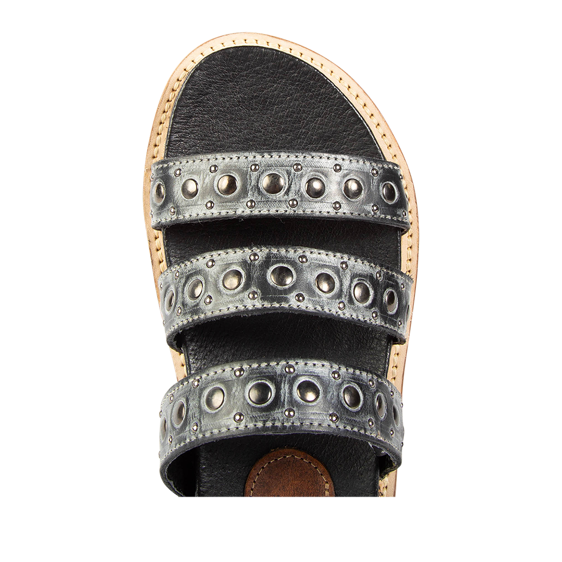 Top view showing round on FREEBIRD women's Florence black slip-on flat shoe featuring metal stud detailing