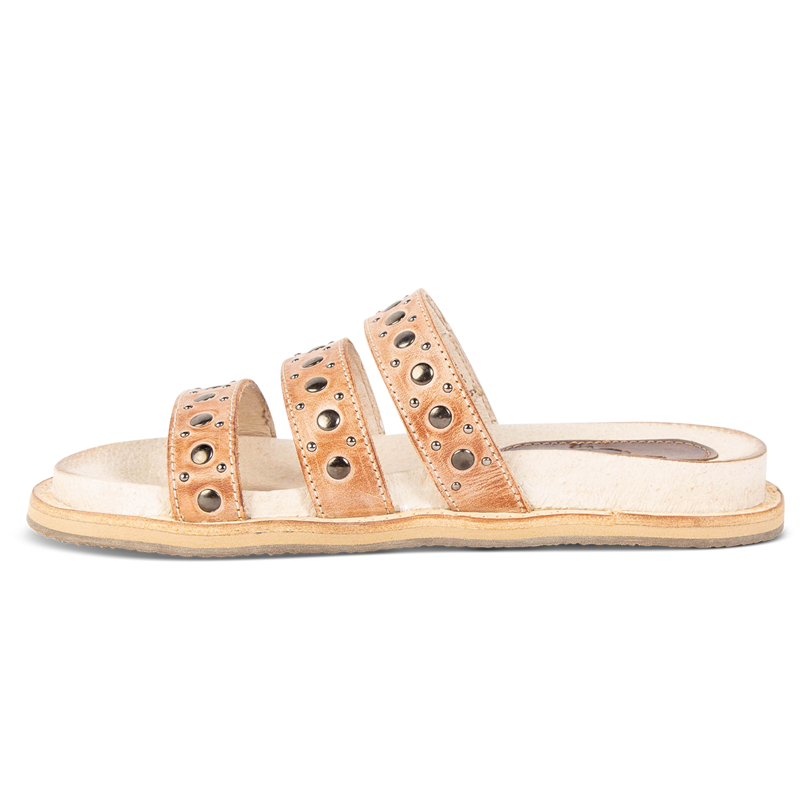Inside view showing straps on FREEBIRD women's Florence taupe slip-on flat shoe featuring metal stud detailing