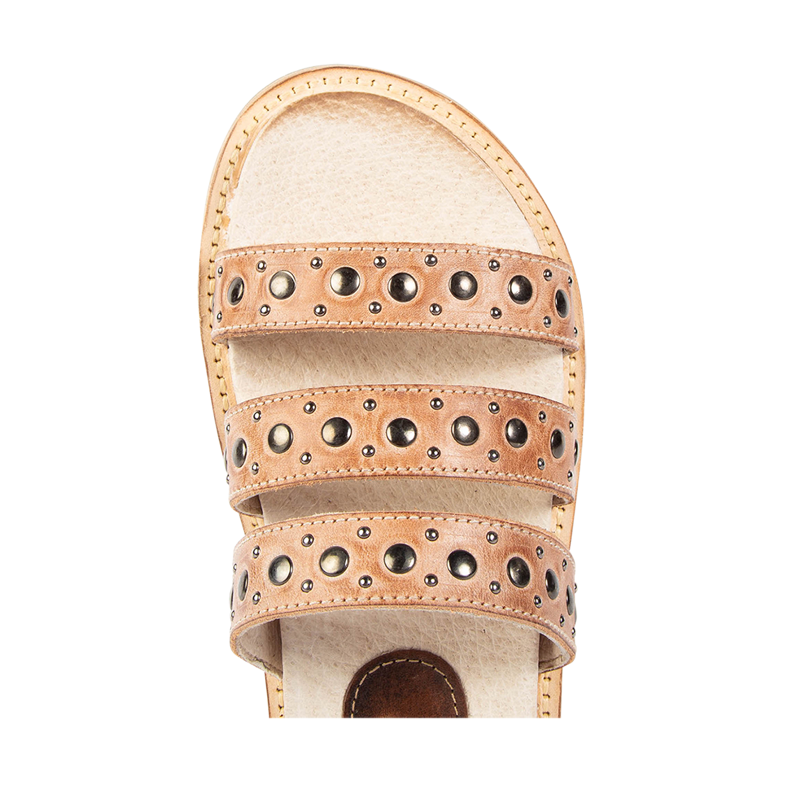 Top view showing round on FREEBIRD women's Florence taupe slip-on flat shoe featuring metal stud detailing