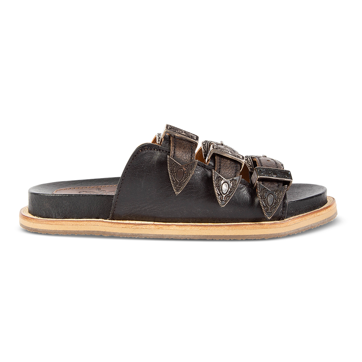 FREEBIRD women's Franki black slip-on flat shoe featuring engraved metal detailing and adjustable buckles